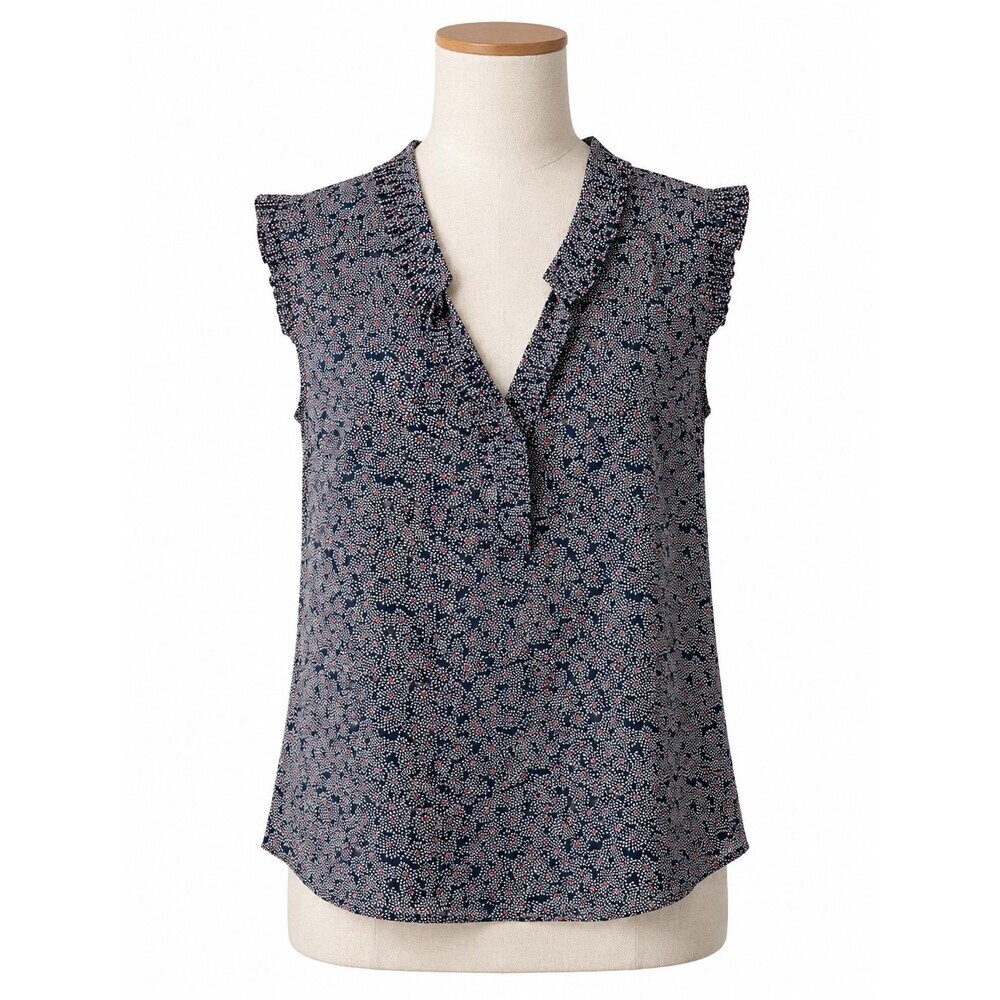 Boden Top Size 10 US Sleeveless Accordian Pleat Trim Floral Spray Navy Orange